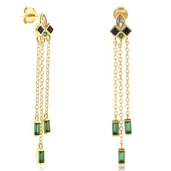 GOLD PLATED STERLING SILVER ART DECO MID CENTURY MODERN EMERALD ONYX DANGLE - Picture 5 of 10